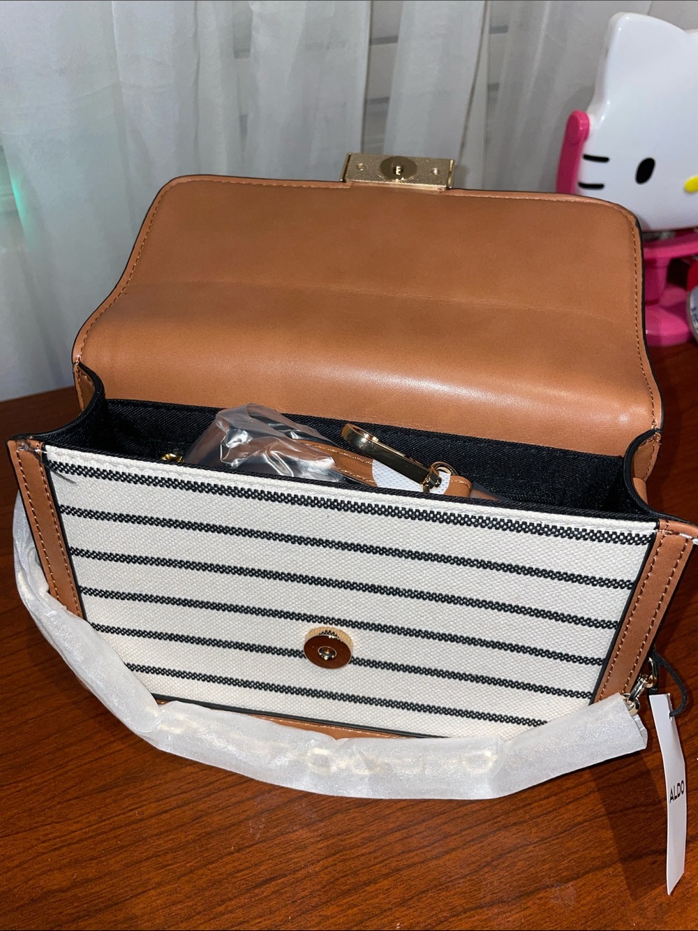 NWT ALDO Women's Striped Canvas Crossbody Bag in White and Brown - Picture 9 of 10
